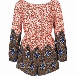 Fraiche by J Boho Romper Large Border Print Festival Vacation Made in USA